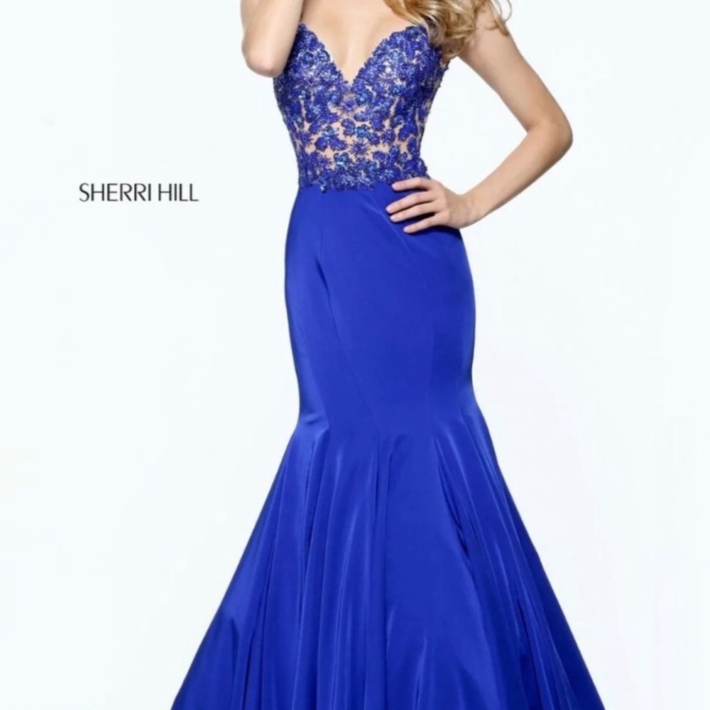 Sherri Hill Sapphire Blue Lace Prom Dress
